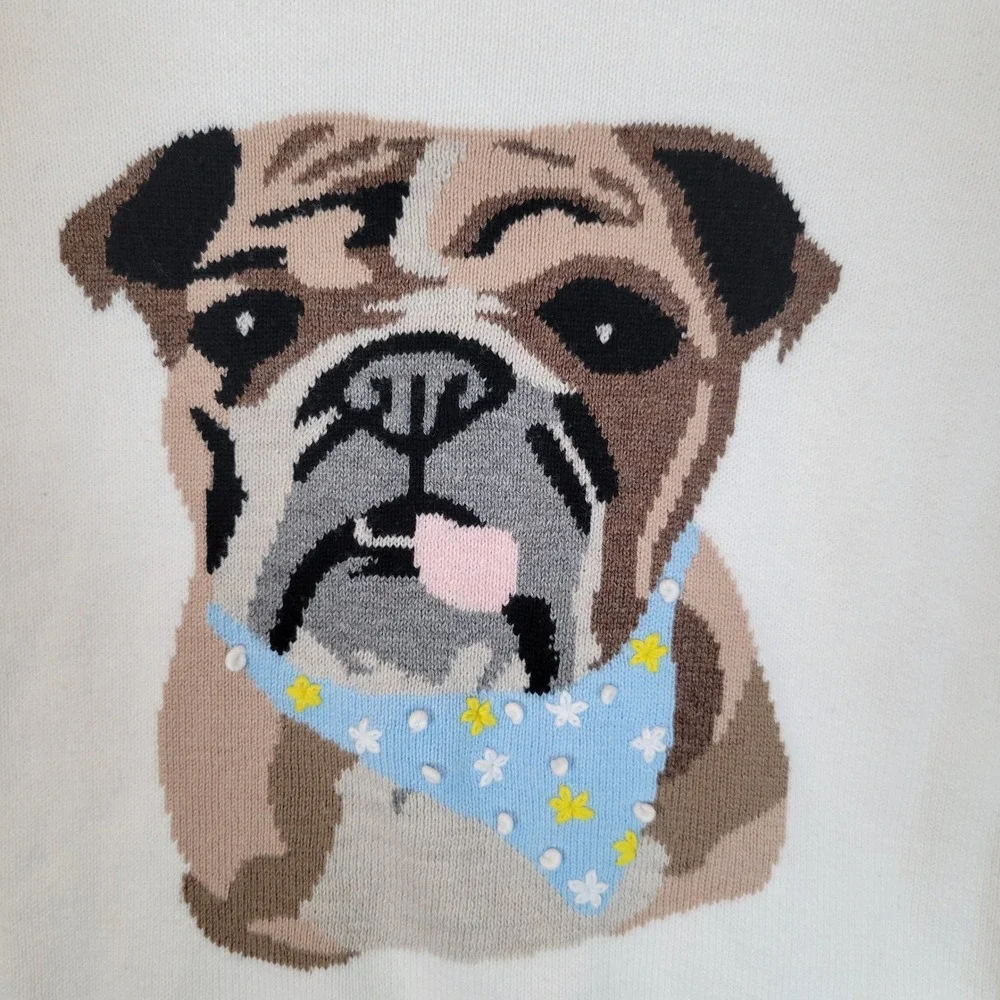 Lisa Todd Womens Bulldog Lover Knit Cotton Sweater Top Size Small White Animal - Picture 5 of 11